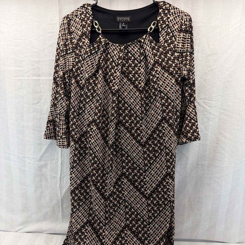 Enfocus Studio Black and Brown Houndstooth Dress